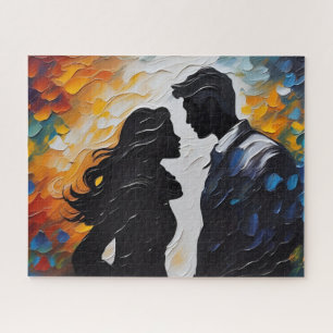 Silhouette Couple About to Kiss in Vibrant Colors Jigsaw Puzzle