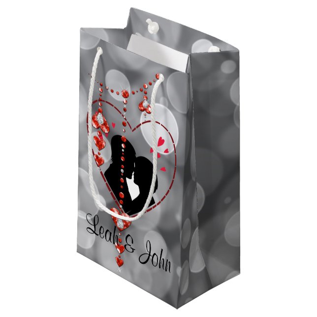 Silhouette Couple in Heart Red Heart Jewels Bokeh Small Gift Bag (Front Angled)