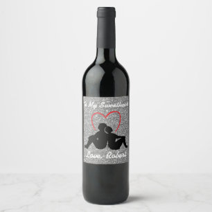 Silhouette Couple Sitting Red Heart Silver Wine Label