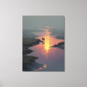 Silhouette Couple Sunset Stream Reflection Canvas Print