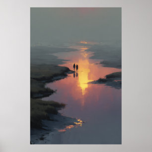 Silhouette Couple Sunset Stream Reflection Poster