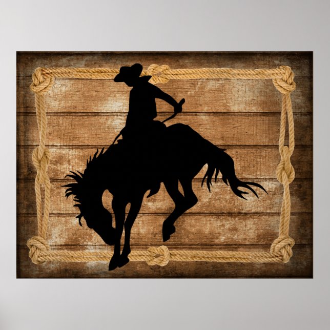 Silhouette cowboy on a bucking bronco horse poster (Front)
