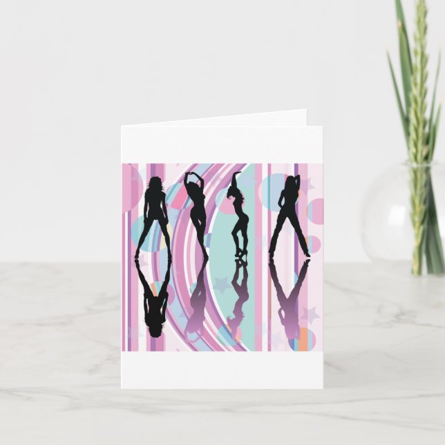 Silhouette Dancing Girls Pink and Purple Pop Art Card (Front)