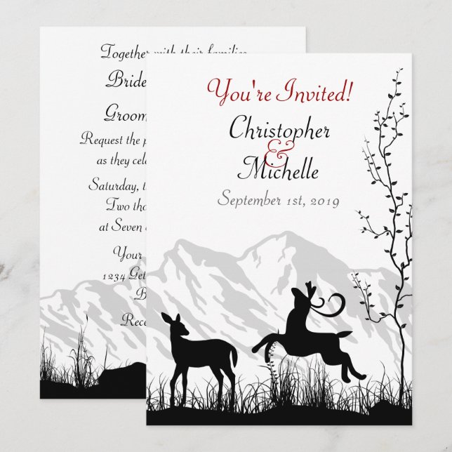 Silhouette Deer and Mountains Black, White Wedding Invitation (Front/Back)