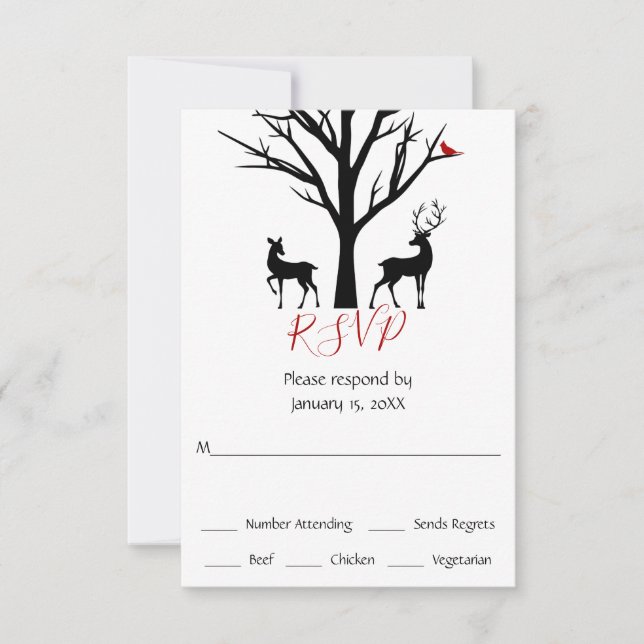 Silhouette Deer Couple in Love Winter Wedding RSVP Card (Front)