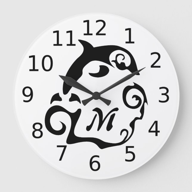 Silhouette Dolphin in a Black Sea Wave Monogram Large Clock (Front)