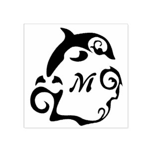 Silhouette Dolphin in a Black Sea Wave Monogram Rubber Stamp