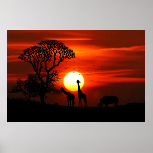 Silhouette giraffe and rhino poster