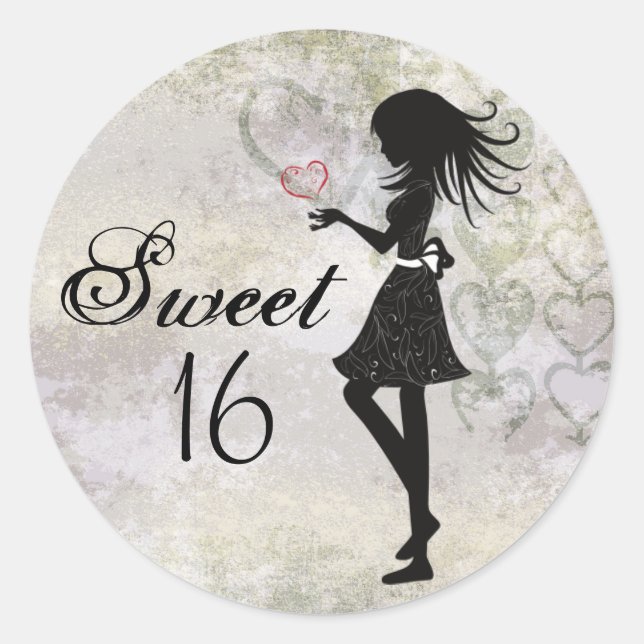 Silhouette Girl and Hearts Sweet 16 Birthday Classic Round Sticker (Front)