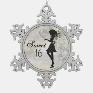 Silhouette Girl and Hearts Sweet 16 Snowflake Pewter Christmas Ornament