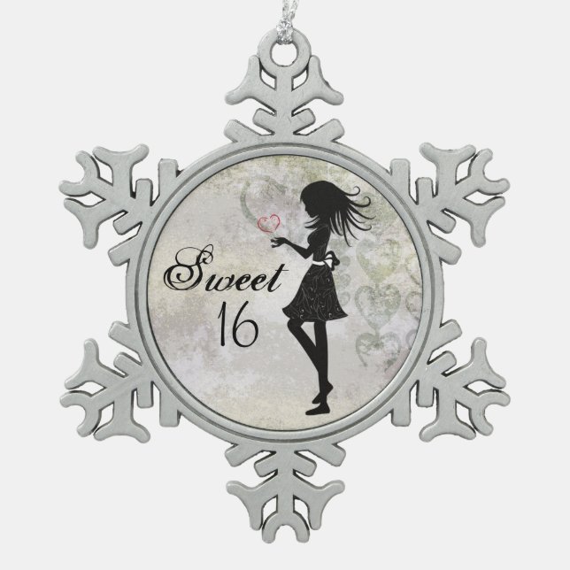 Silhouette Girl and Hearts Sweet 16 Snowflake Pewter Christmas Ornament (Front)
