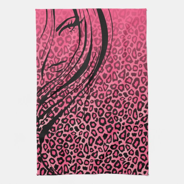Silhouette Girl | Pink Leopard Animal Print Tea Towel (Vertical)