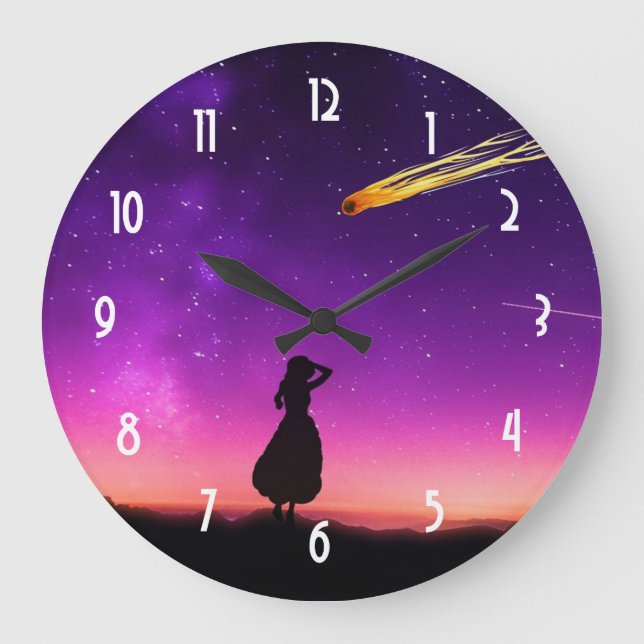 Silhouette Girl Watches Meteor Crash To Earth Large Clock (Front)