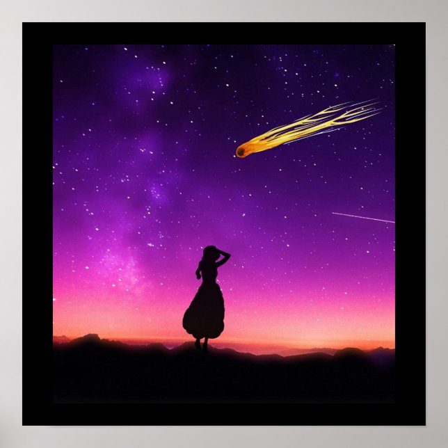 Silhouette Girl Watches Meteor Crash To Earth Poster (Front)