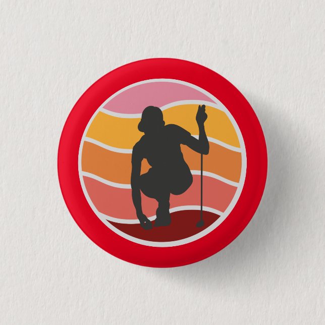 Silhouette golfer  lady  golfing on red background 3 cm round badge (Front)