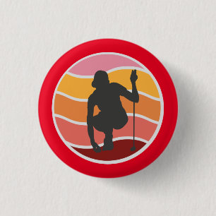 Silhouette golfer lady golfing on red background 3 cm round badge