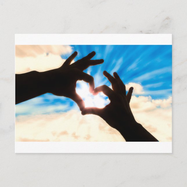 Silhouette hands in heart shape and blue sky postcard (Front)