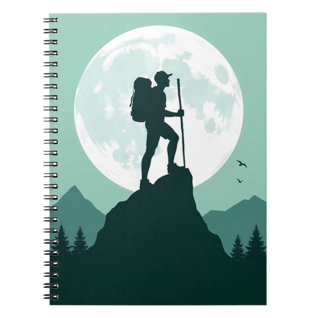 Silhouette Hiker on Peak with Moon and Mountains Notebook (Front)
