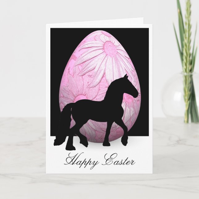 Silhouette Horse and Pink Flower Egg Happy Easter Card (Front)