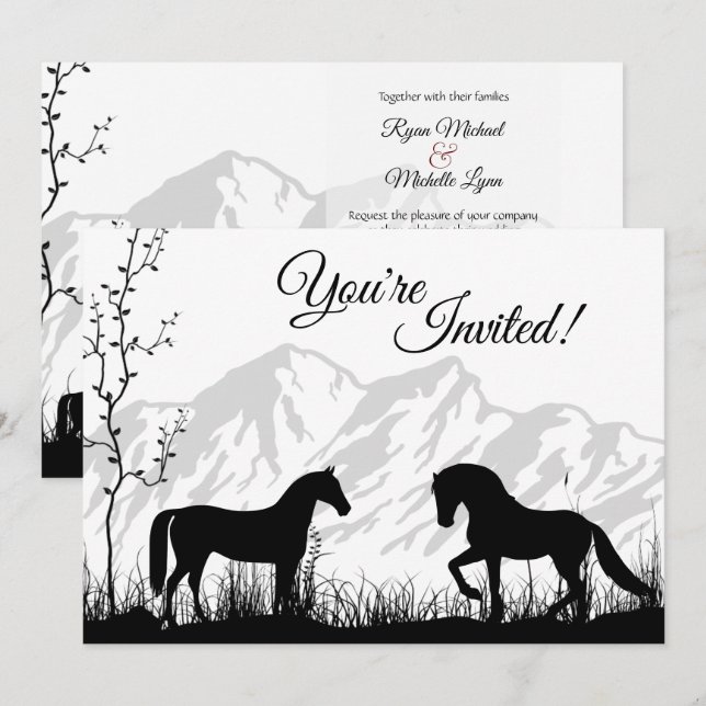 Silhouette Horses and Mountain Black White Wedding Invitation (Front/Back)