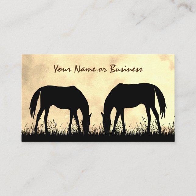 Silhouette Horses Grazing in Field at Sunset Business Card (Front)