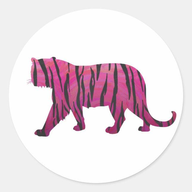 Silhouette Hot Pink and Black Tiger Classic Round Sticker (Front)