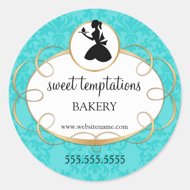 Silhouette Lady and Cupcake Bakery Packaging Class Classic Round Sticker (Front)