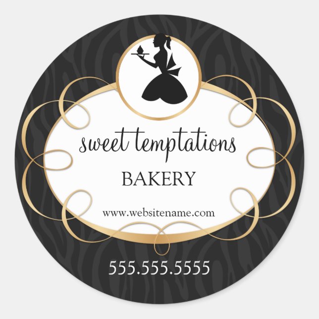 Silhouette Lady and Cupcake Bakery Packaging Classic Round Sticker (Front)