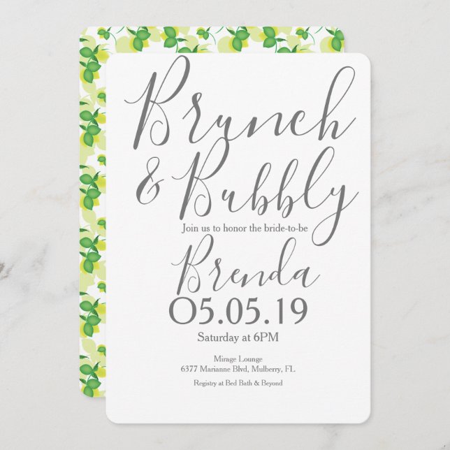 Silhouette Lemon Lime Modern Wedding Brunch Invitation (Front/Back)