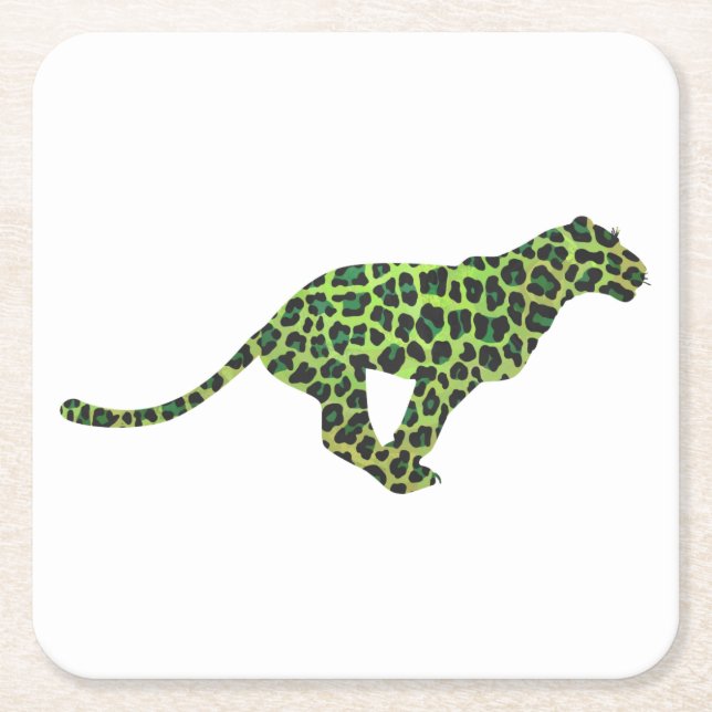 Silhouette Leopard Black and Green Square Paper Coaster (Front)
