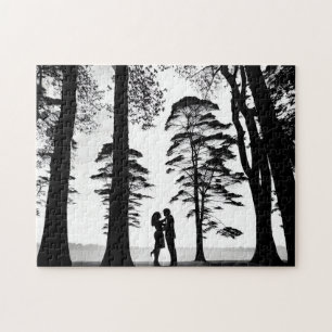 Silhouette Lovers in Black and White Forest Jigsaw Puzzle