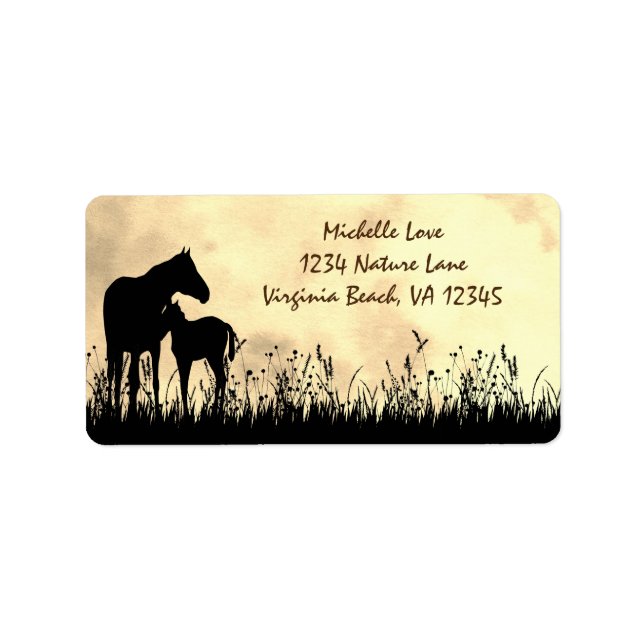 Silhouette Mare and Foal in a Field Horse Address Label (Front)
