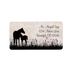 Silhouette Mare and Foal in a Field Horse Address Label