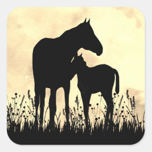 Silhouette Mare and Foal in Field Horse Square Sticker