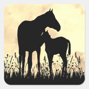 Silhouette Mare and Foal in Field Horse Square Sticker