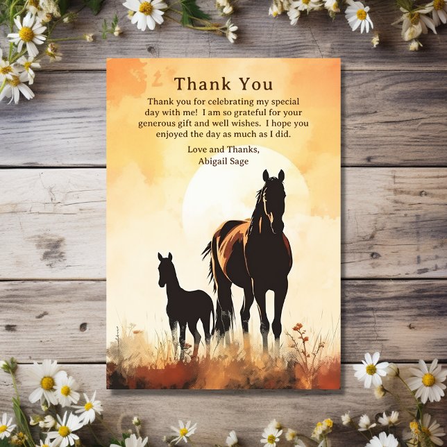 Silhouette Mare and Foal Sunset Horse Baby Shower Thank You Card (Front - Silhouette Mare and Foal Sunset Horse Baby Shower Thank You Card)