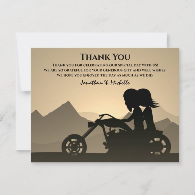 Silhouette Motorcycle Couple Mountain Wedding Thank You Card (Front)