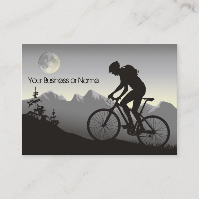 Silhouette Mountain Bike Mountains and Full Moon Business Card (Front)