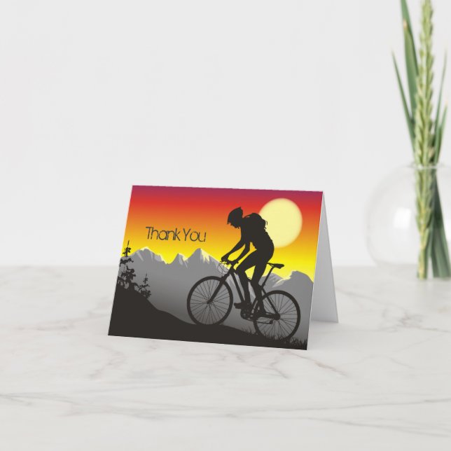 Silhouette Mountain Bike Mountains and Sun Thank You Card (Front)