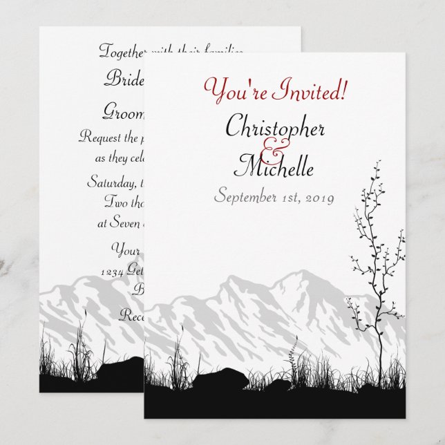 Silhouette Mountain Black, White and Red Wedding Invitation (Front/Back)