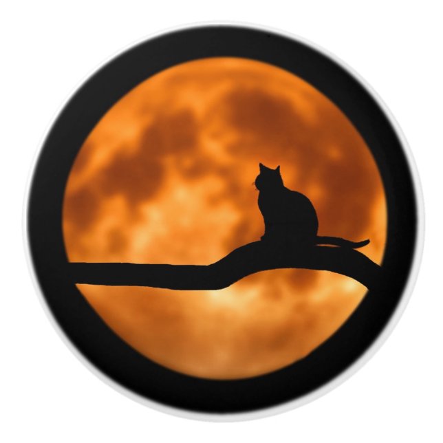 Silhouette of a Black Cat in a Tree Ceramic Knob (Front)