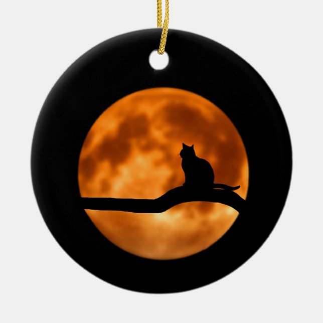 Silhouette of a Black Cat in a Tree Ceramic Tree Decoration (Front)