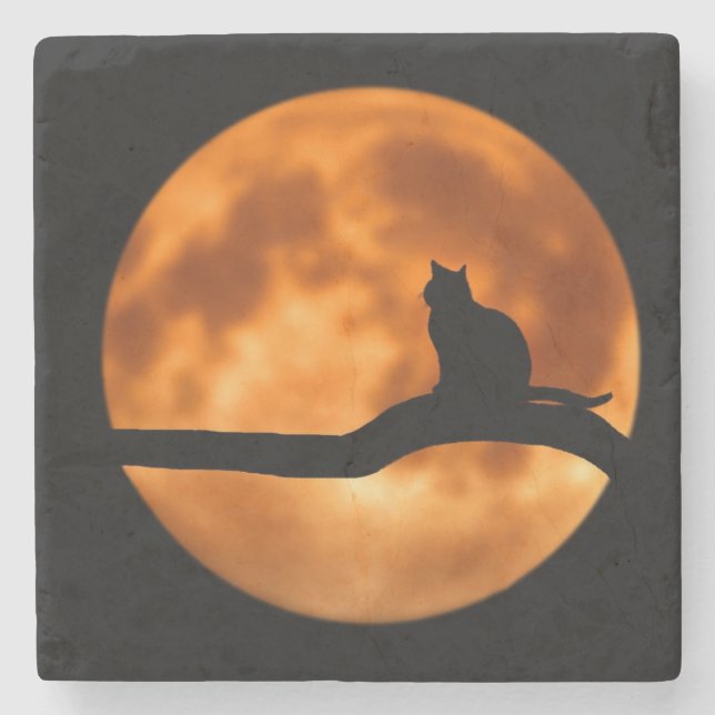 Silhouette of a Black Cat in a Tree Stone Coaster (Front)