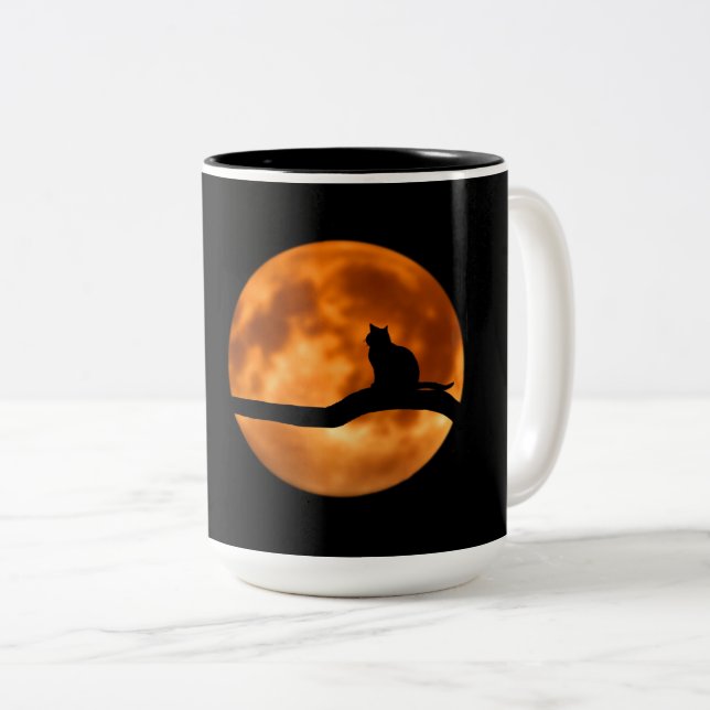 Silhouette of a Black Cat in a Tree Two-Tone Coffee Mug (Front Right)