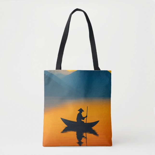Silhouette of a Boatman at Sunset – Asian Minimali Tote Bag (Front)