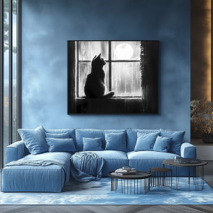 Silhouette of a Cat by the Window in Moonlight Poster