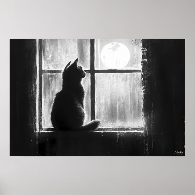 Silhouette of a Cat by the Window in Moonlight Poster (Front)