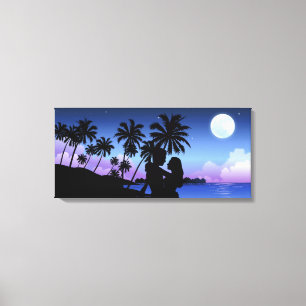 Silhouette of a couple embracing on the beach canvas print