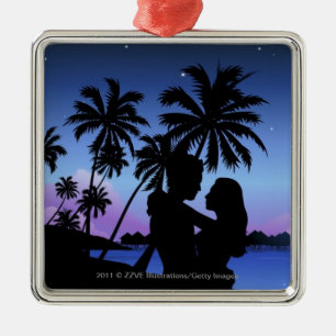 Silhouette of a couple embracing on the beach metal tree decoration