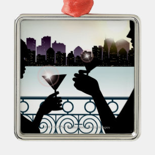 Silhouette of a couple toasting martini glasses metal tree decoration